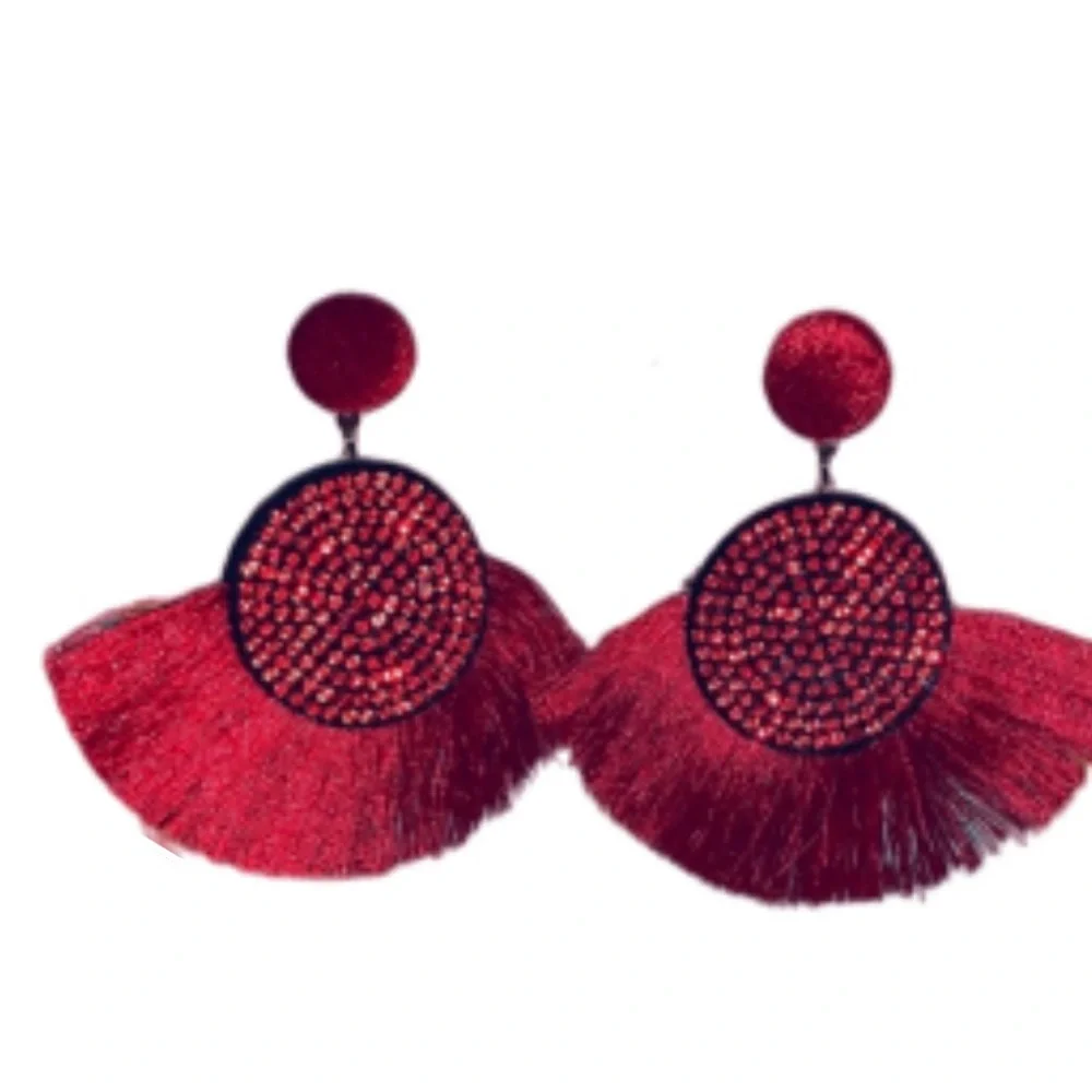 RED TASSEL FRINGE EARRINGS - Picture 5 of 8